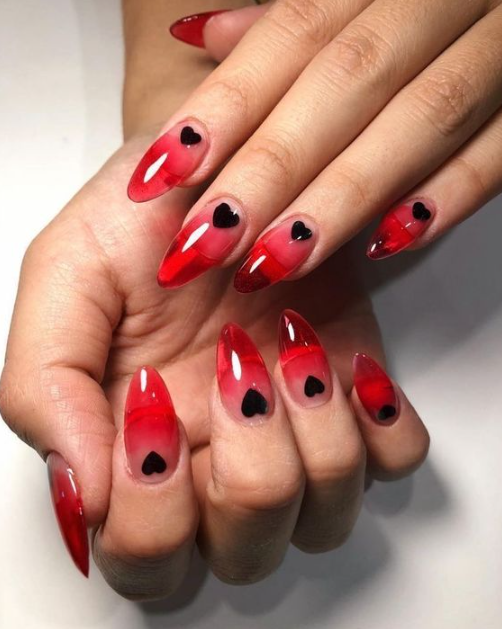 Heart Accent Red Gradient Nails