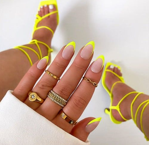 Kiara Sky Xpress Pro Acrylic Press On Short Almond Yellow Nails Nail Colors Summer Nails Nail Designs Yellow Nails Design French Nails