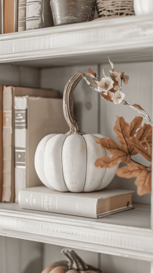 Neutral Fall Decor Ideas For Your Home To Get Into The Season   Pumpkins Used As Book Holders