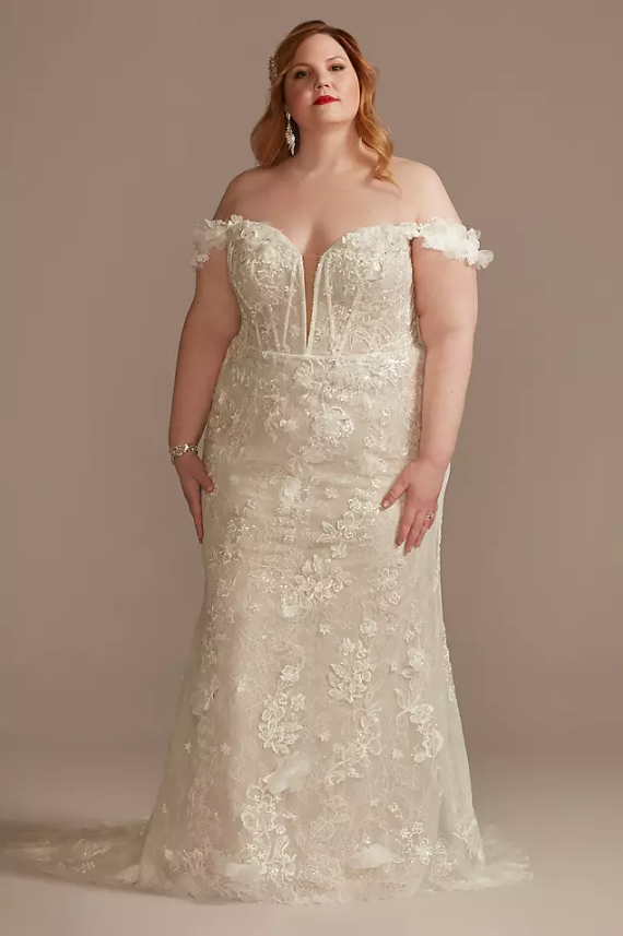 Off Shoulder Lace White Plus Size Wedding Dress