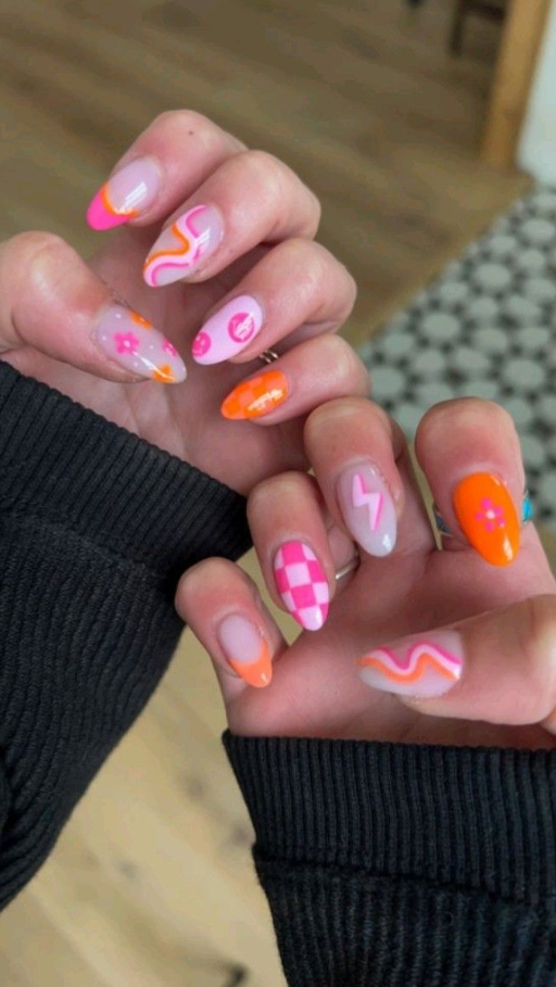 Orange Pink Nails Fake Nails Lilac Nails Nail Art Designs Heckered Nails White Nails Short Nails Stylish Nails