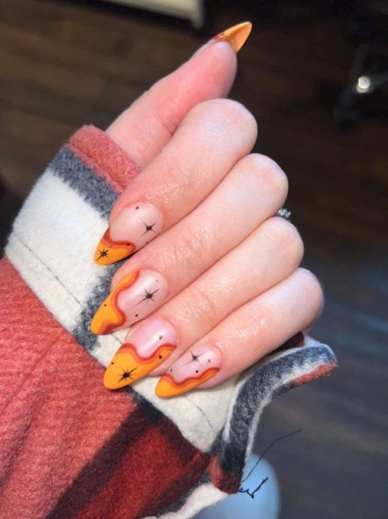 Orange Swirl And Sparkle Nails Hand Painted Press On Nails Short Almond Nails Fall Nails Handmade Nails Halloween Nails