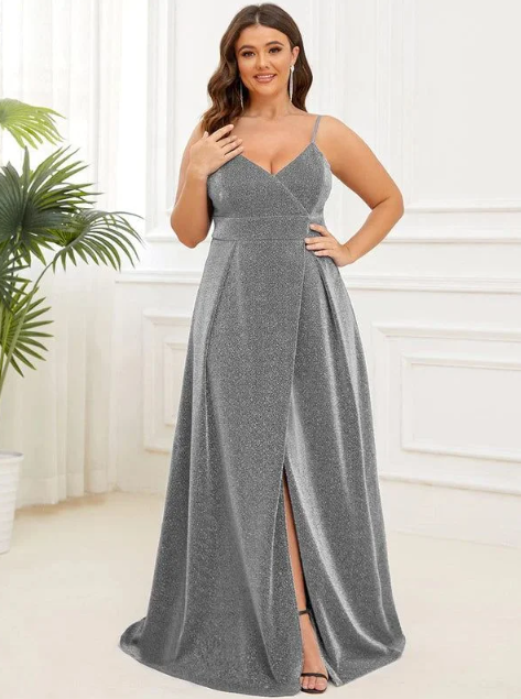 Plus Size V Neck Straps Glitter Maxi Evening Dress