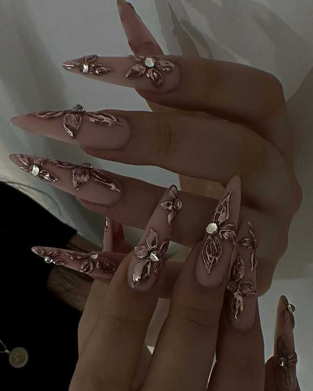 Rose Gold Floral Nails