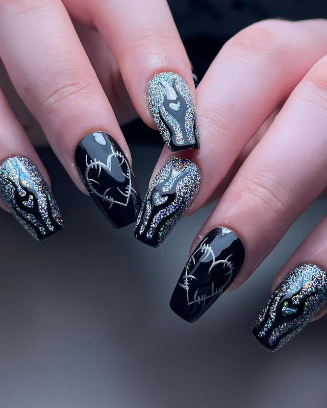 Sparkling Black And Silver Nails