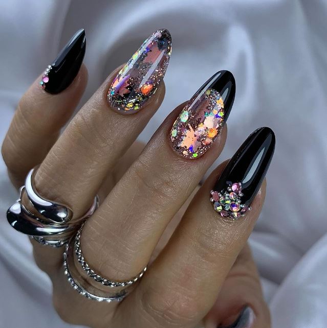 Sparkly Black And Holographic Nails