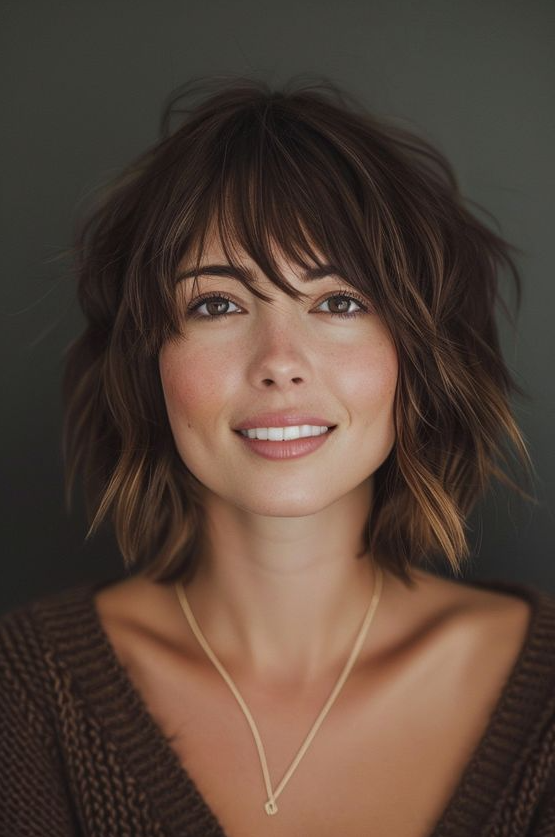 The Elegance Of Short Hair With Subtle Highlights Short Hair With Bangs Hairstyles With Bangs Brown Hair Bangs Chic Short Hair Short Brown Hair Medium Hair Styles