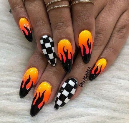 Trendy  Orange And Black Art Designs Checkered  Nails Fire  Pretty  Acrylic Nail Designs Short Acrylic