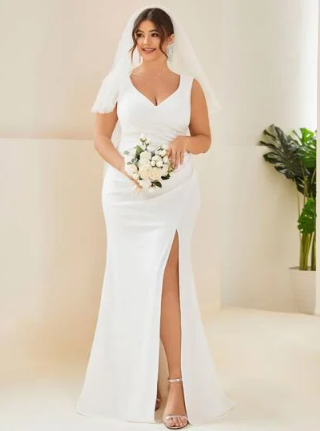 V Neck White Wedding Dress