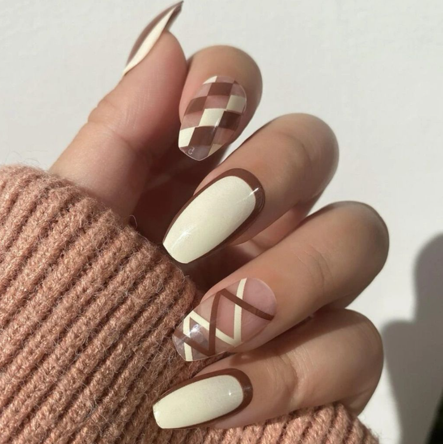 Boutique Makeup Brown Geometric Press On Acrylic Nails Brown Nails Design Gel Manicure Nails Checkered Nails Brown Nail Art Brown Nails Gel Nails