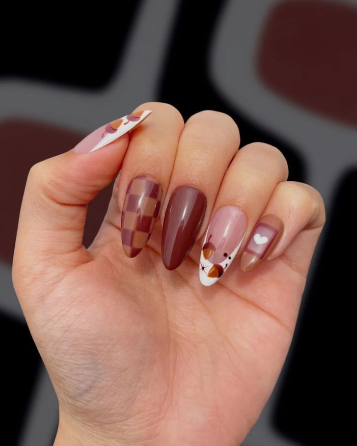 Retro Style Brown Aesthetic Acorn Nail Retro Nails Fall Acrylic Nails Nails Disney Acrylic Nails Nail Designs Green Nails