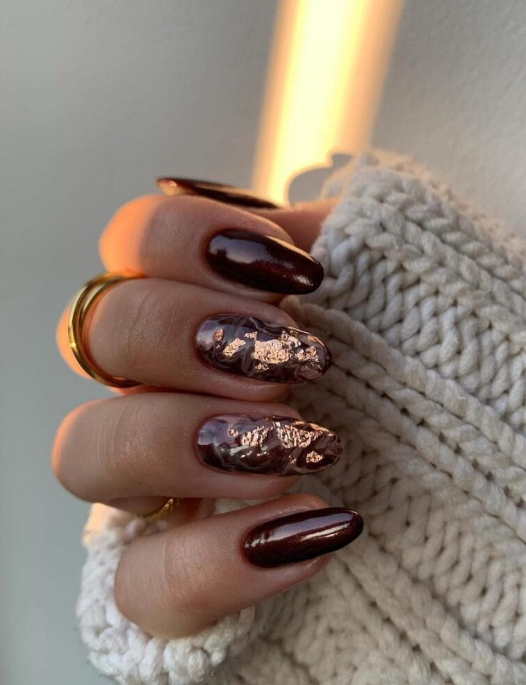 Brown Polish, Marbled Details + Gold Foil