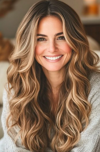 Long Wavy Layers In Honey Caramel Balayage