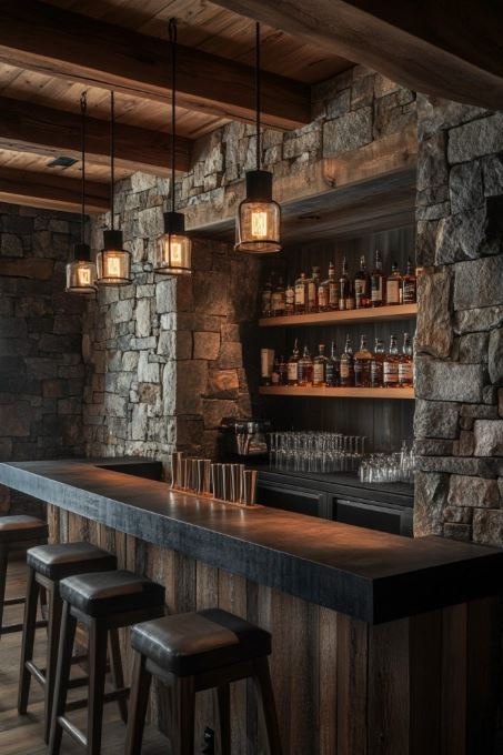 Contemporary Bar Area In A Rustic Cabin