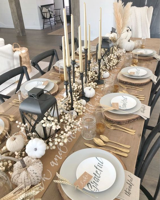 Thanksgiving Table Settings With Metallic Gold Taper Candles
