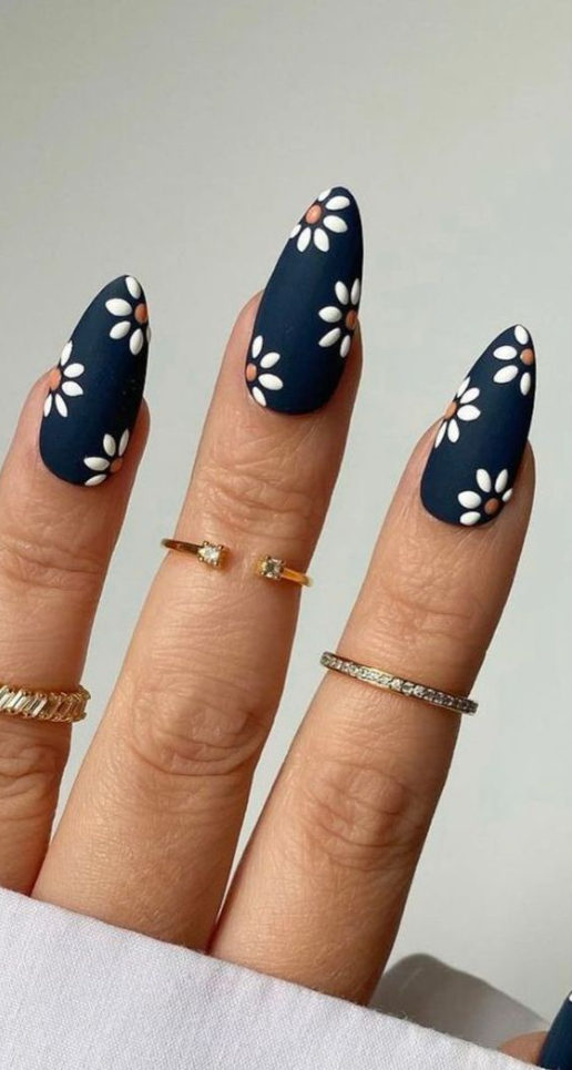 Dark Blue Winter Nails - Trendy Cute daisy white flowers on black matte nails