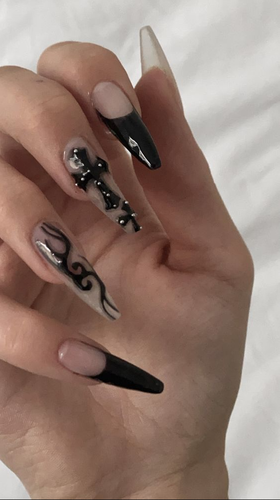 Goth Acrylic Nails   Black Alt Chrome Hearts Nails
