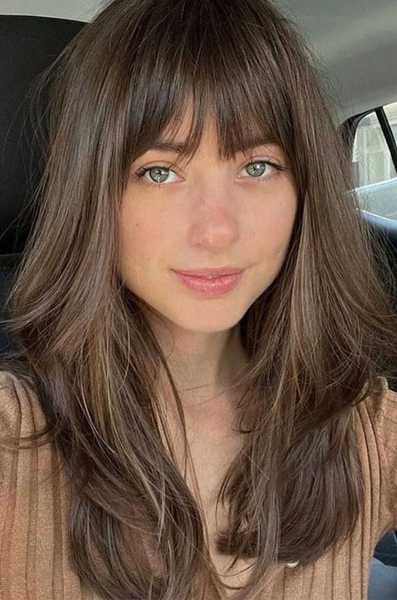 Soft Wispy Bangs   Trendy Ways To Wear Curtain Bangs Brunette Layered Cut With Bangs