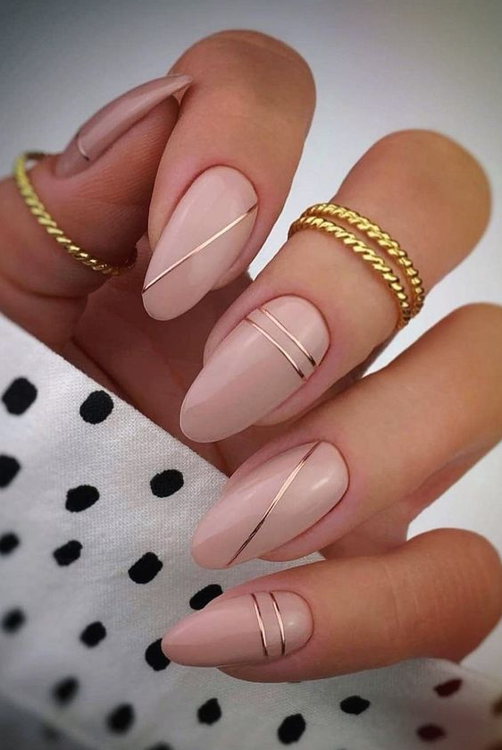 February Nails   February Nails In Nude Rose Color With Golden Threads To