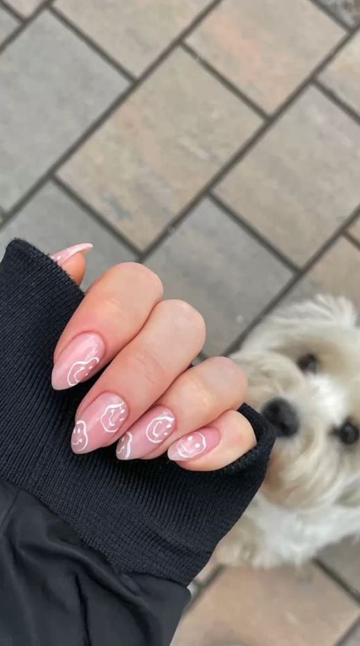 Nails Medium Length - clear and white nail art design
