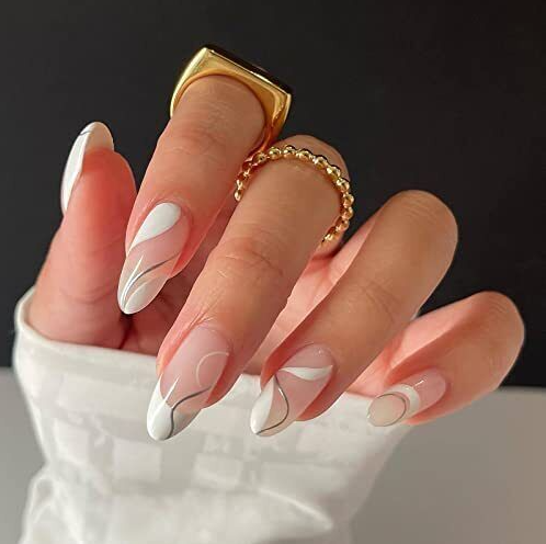 Nails Nude Color - White Stripes Press On Nails Medium, Almond White And Sliver Wave Fake Nails