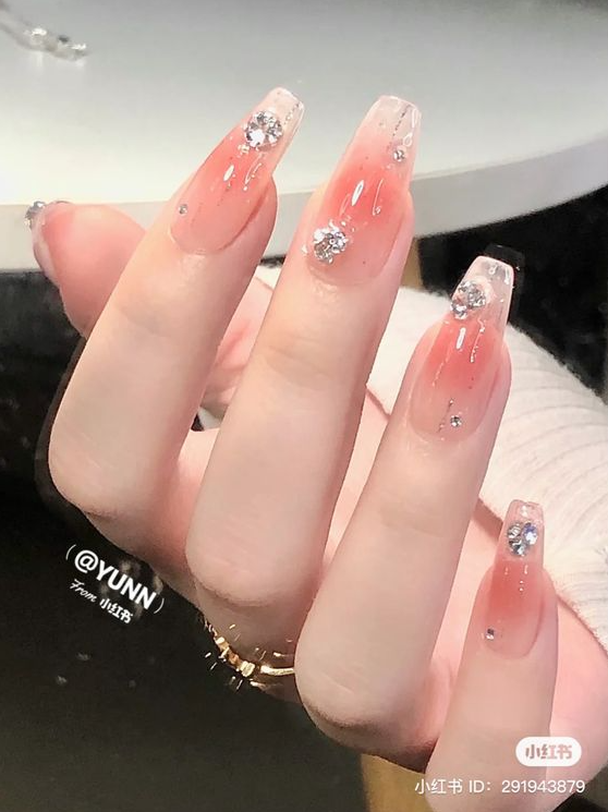 Nails With Gems - Chinese jelly blush nails with gems