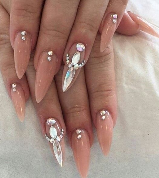 Nails With Gems - Nude Gemstone Acrylic Nails With White Details