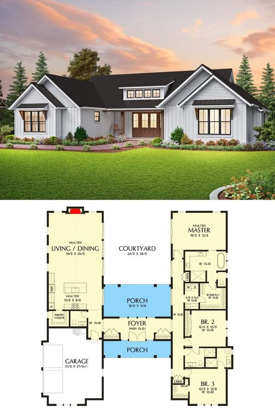 3 Bedroom Home Floor Plans One Level - 3-Bedroom One-Story New American House Plan with Double Garage and Courtyard