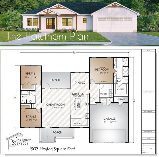 3 Bedroom Home Floor Plans One Level   Hawthorn House Plan 1907 Square