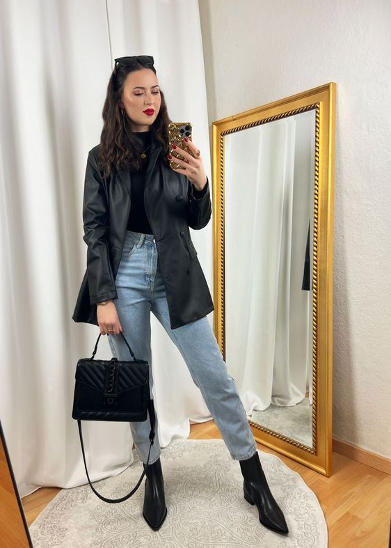 Jeans And Blazer Outfit Classy - Black Leather Blazer and Light Mom Jeans Outfit