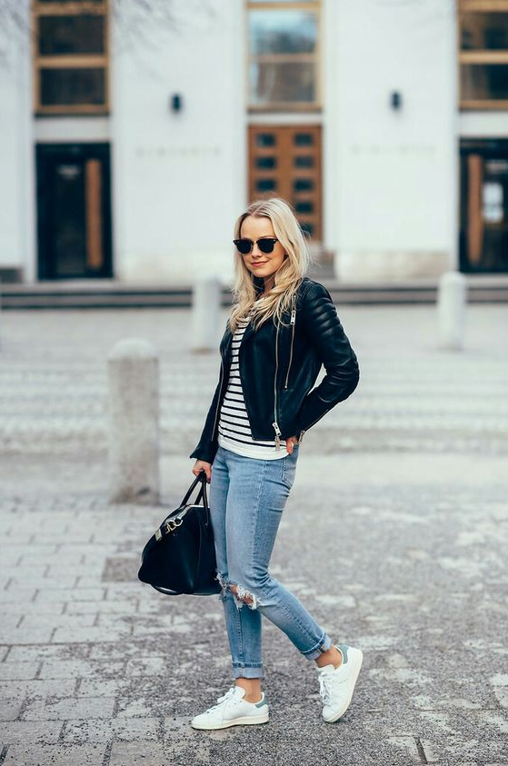 Jeans And Tennis Shoes Outfit - Leather jacket stripe knit ripped mom jeans sneakers outfit