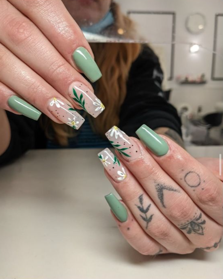 March Nails Ideas - Sage floral spring wedding nails glam green eucalyptus flowers elegant bridal