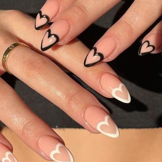 Nails Black And White - Black and White Heart Medium Almond Press On Nails