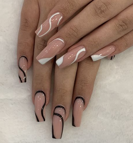Nails Black And White   Minimalist Line Black And White Acrylic Coffin Nails