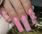 Nails With Charms   Sparkly Pink And Heart Nails With Bear Charms