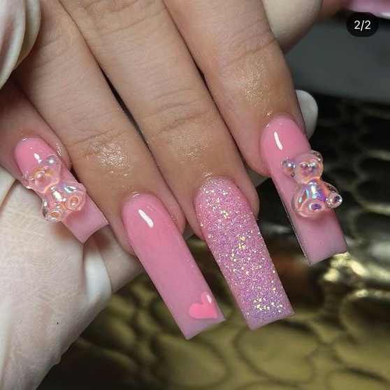 Nails With Charms - Sparkly pink and heart nails with bear charms