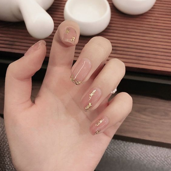 Nude Baddie Nails - Bettycora Gold Foil Fasle Nails, Nude Squoval Glue On Nails