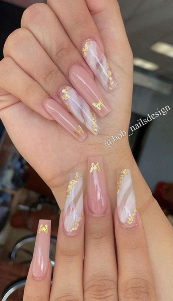 Nude Baddie Nails   Pink Marbled Nails With Gold