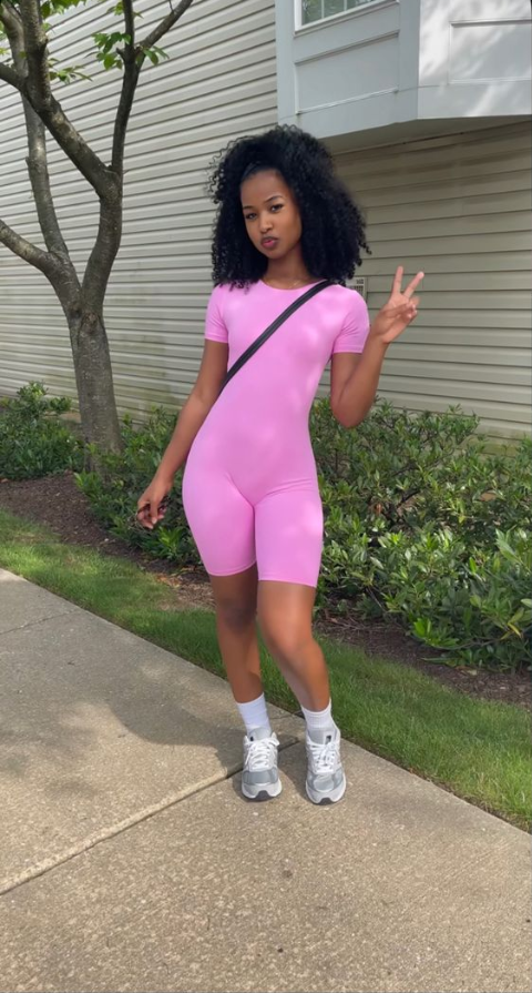 New Balance Outfit Black Women   Summer  Black Girl Pose Curly Hair Biker Short Combi Pink