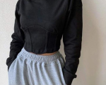 Corset Outfit Black Women - Women Black Corset Style Cinched Waist Crop Hoodie Sweatshirt