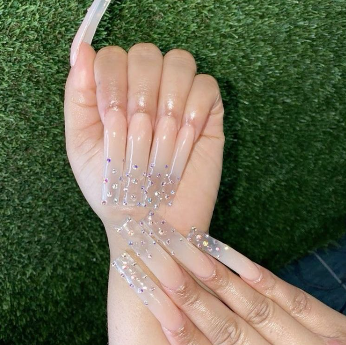 Baddie Bling Nails   Clear Nude Ombré Nails With Gems