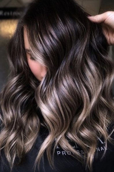 Brown Balayage on Black Hair - Golden Highlights with Waves