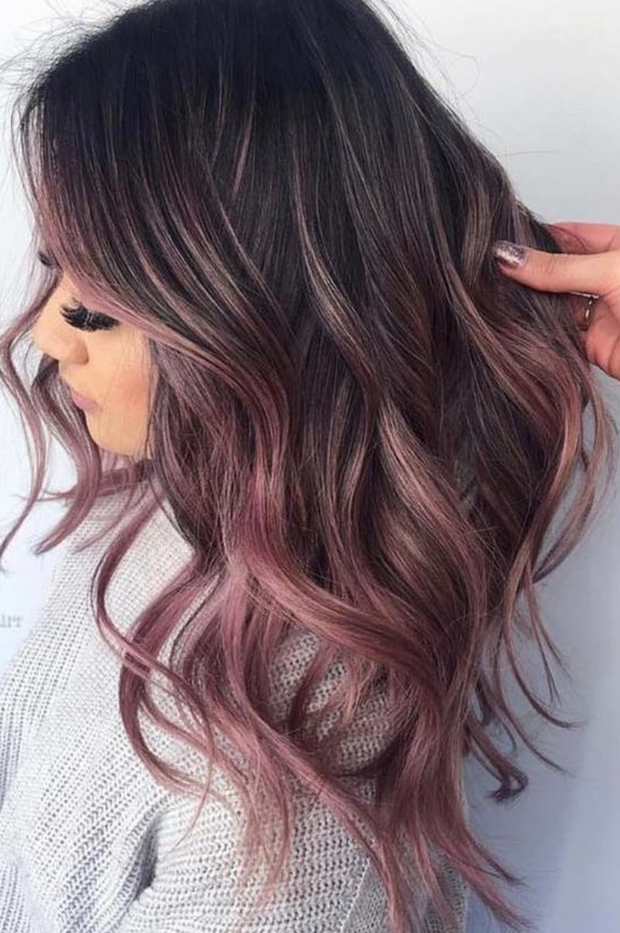 Brown Balayage on Black Hair - Pink Balayage on Dark Hair
