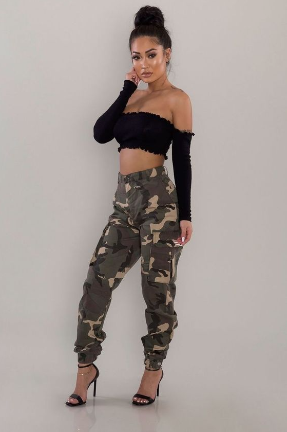 Cargo Pants Outfit Summer - Camo cargo pants, off the shoulder tube top