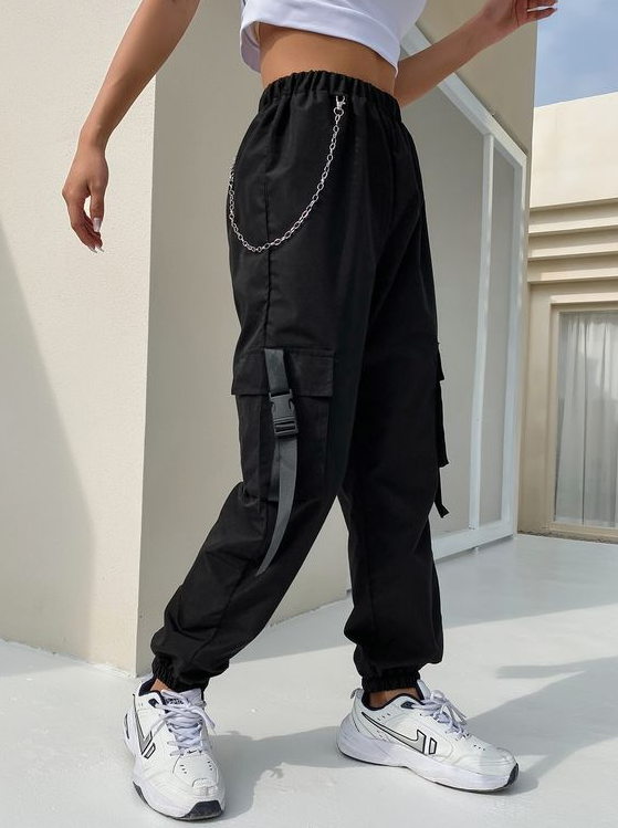 Cargo pants - Black Casual Polyester Plain Cargo Pants Embellished Slight Stretch