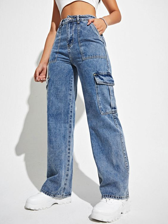 Cargo Pants   High Waisted Flap Pocket Cargo Jeans