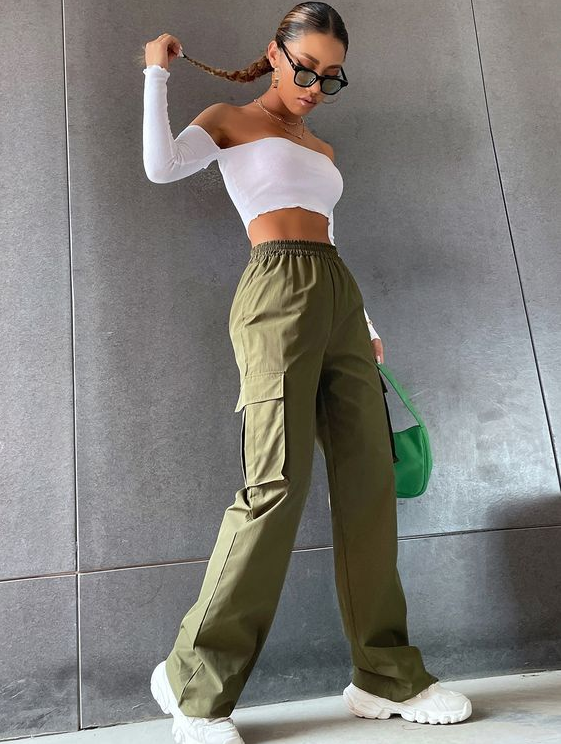 Cargo pants - Solid High Waist Flap Pocket Cargo Trousers