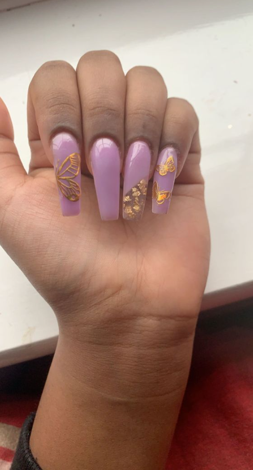 Lavender Birthday Nails   Pastel Purple Gold Butterfly Coffin Nails