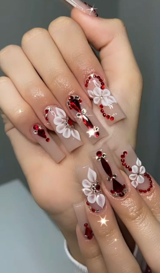 Short Quince Nails   Red Acrylic Nails Nails Design With Rhinestones Spring Acrylic Nails