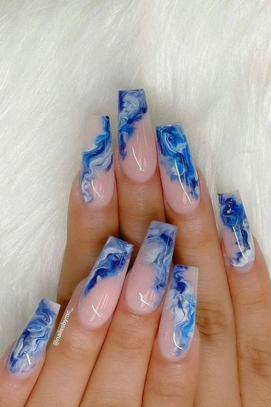 Summer Acrylic Nails   Get Stylish Blue Nail Art With Blooming Ink